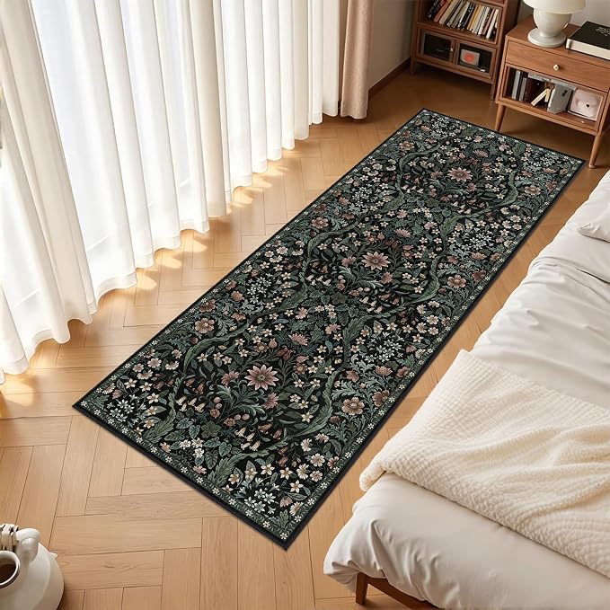 2x5 Washable Runner Rug,Black Floral Boho Area Rug for Hallway,Low-Pile Non-Slip Stain Resistant Carpet for Kitchen, Bedside,Laundry Room,Entryway