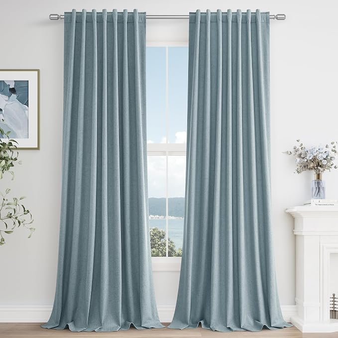 Guken Blue 100% Blackout Linen Curtains 144 Inch Length 2 Panels Set for Living Room Bedroom Back Tab Thermal Insulated Black Out Drapes Room Darkening Farmhosue Window Curtains Dusty Blue 52x144