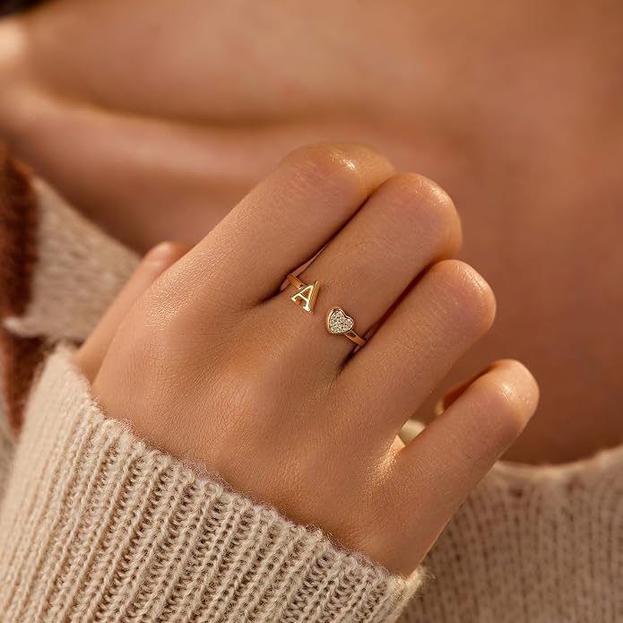 LOVECOM Initial Heart Rings for Women 925 Sterling Silver Gold Adjustable Letter Name Ring Non Tarnish Trendy Stuff Alphabet Letter CZ Stackable Ring Jewelry Gifts for Mom Daughter Sister