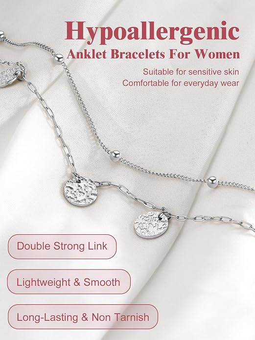 FOCALOOK 14K Gold Plated Anklets for Women Waterproof Plus Size Ankle Bracelet 8.5-10.5 Inch Adjustable Mariner/Figaro/Flat Snake/Cuban Link Chain Anklet Jewelry for Summer Beach Holiday