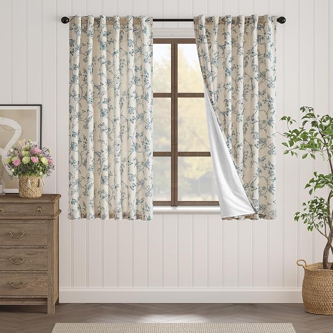 Lazzzy Charlotte Lined Linen Farmhouse Blue Floral Curtains 63 Inch Length Back Tab Drapes for Living Room Bedroom Light Filtering Country Vintage Rod Pocket, 2 Panels, Blue on Beige