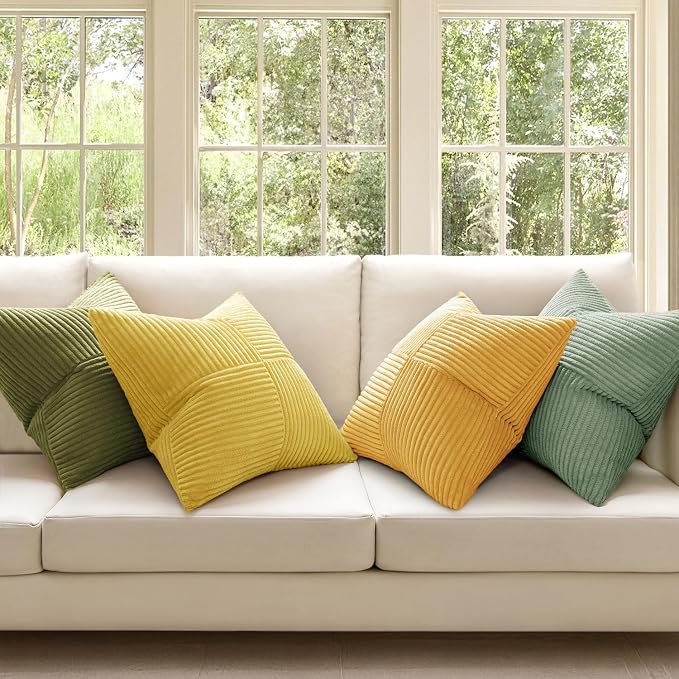 MIULEE Boho Farmhouse Spring Decorative Throw Pillow Covers 18x18 Inch 4 Packs Soft Vintage Pillow Cases Modern Corduroy Patchwork Cushion Covers for Couch Sofa Bed Summer Home Decor, Yellow Green