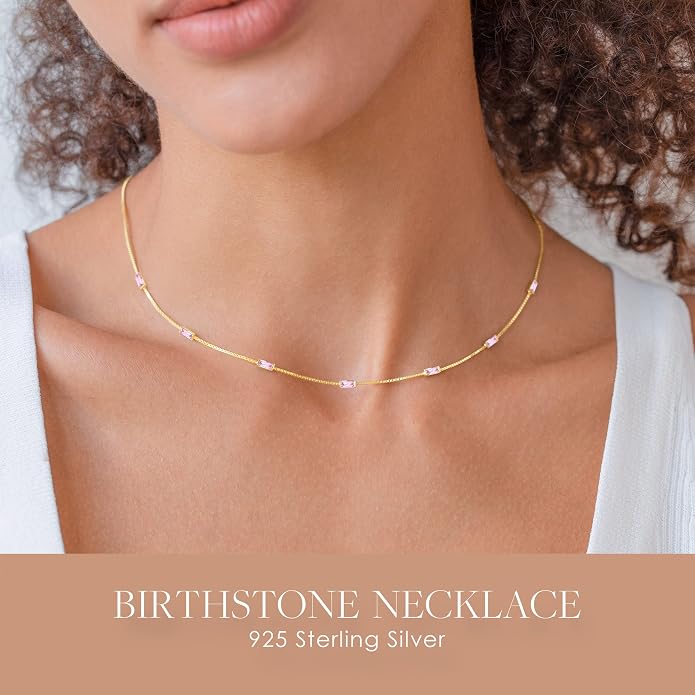 LOUISA SECRET Birthstone Necklaces for Women, 14K Gold Plated Dainty Simple Necklace, 925 Sterling Silver Birthday Anniversary Jewelry Gift for Women Mom Mother