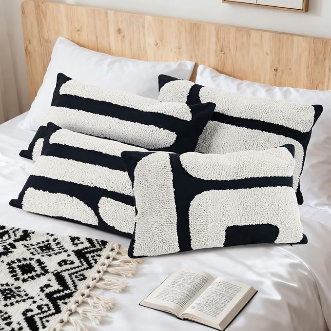 LandIdyll 4 Pcs Black and Cream Chunky Tufted Pillow Covers 12 x 20 Inch Boho Black and White Throw Pillow Covers Set Decorative Modern Abstract Geometric Pillowcase for Living Room Bed Couch Sofa