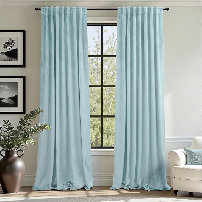 Light Blue Velvet Curtains 84 Inches Long Sky Baby Blue Cerulean Room Darkening Thermal Insulated Semi Blackout Luxury Modern Drapes for Living Room Bedroom 84 Inch Length 2 Panels Back Tab Rod Pocket