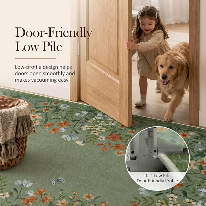 Wonnitar 5x7 Washable Area Rug, Green Floral Rug for Living Room, Boho Rug for Bedroom, Non Slip Flower Nursery Carpet, Low Pile Cottagecore Dining Room Decor (5x7 Green)