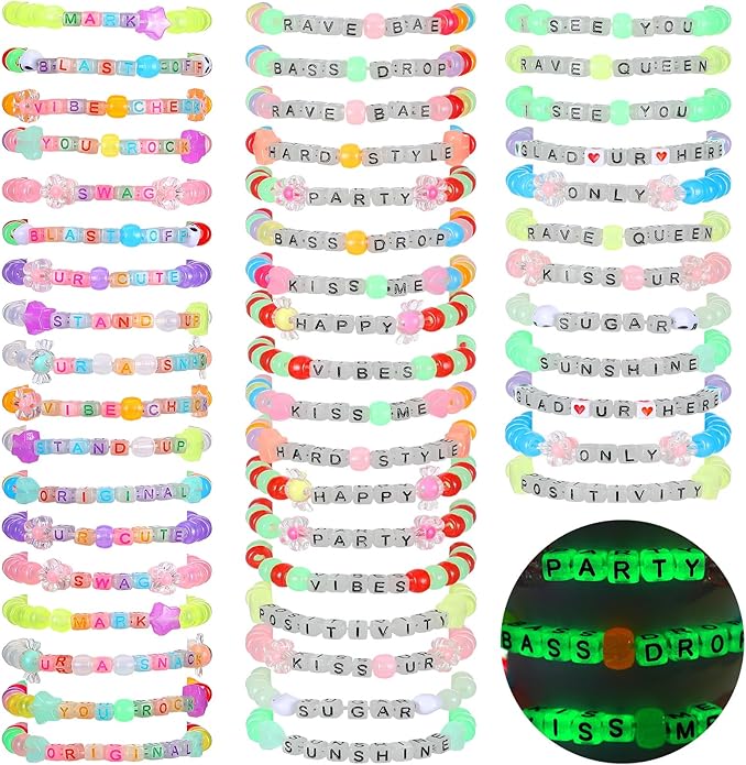 Equsion 48 Pcs Music Party Supply Rave Kandi Bracelets Glow in the Dark Wear and Trade Handmade Party Rave Bracelets Alphabet Plus Music Festival Accessories Every Time for Women Men