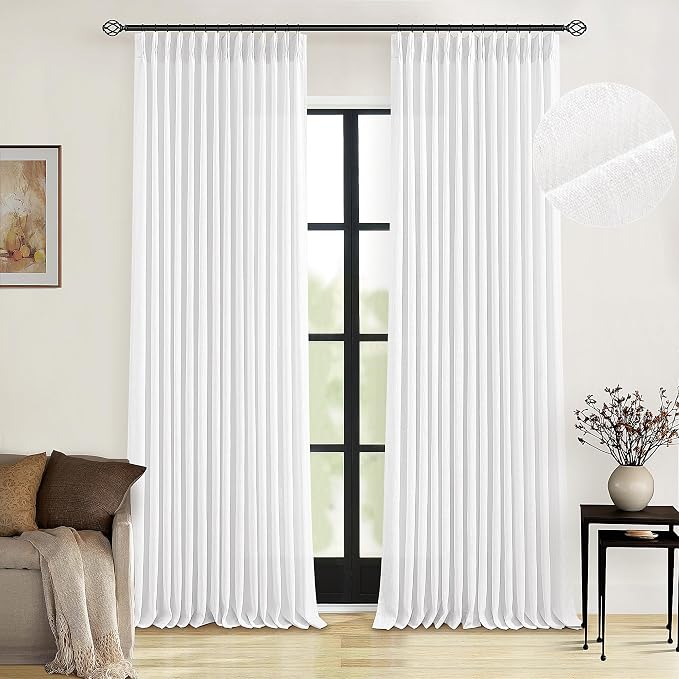 Extra Long Snow White Pinch Pleated 132 Inch Linen Curtains 2 Panels for Living Room Bedroom Memory Training Shaped Semi Sheer Pleat Drapes with Hooks Rings Light Filtering Window Curtain 40x132
