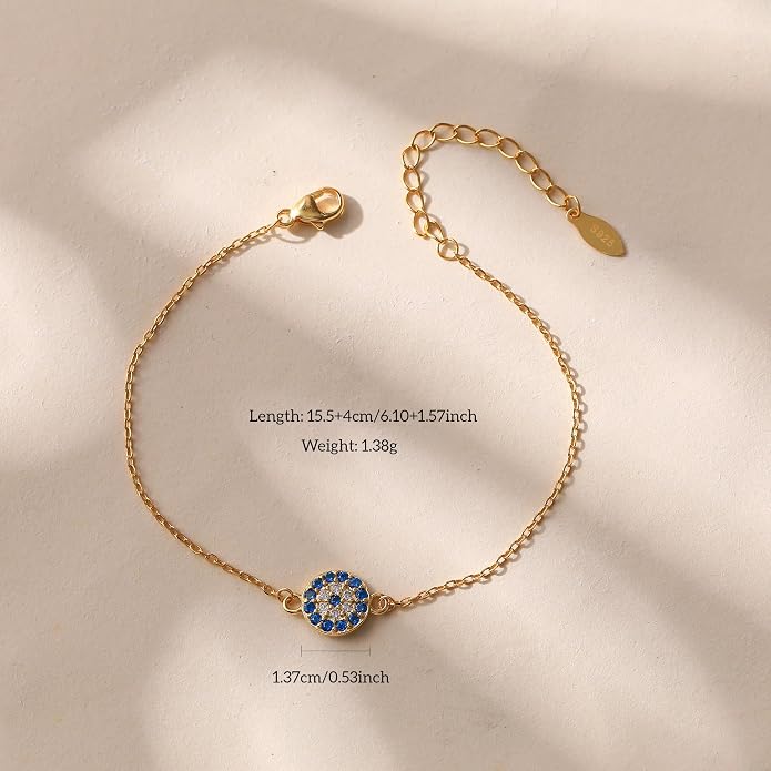 SUYACS Gold Evil Eye Bracelet for Women 925 Sterling Silver Small Blue Cubic Zirconia Eye Link Bracelet Tears of Angels Friendship Charm Chain Bracelet Birthday Jewelry Gifts to Daughter Friends