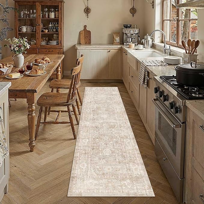 2x10 Beige Washable Runner Rug for Kitchen Hallway Neutral Soft Non Slip Rug Low Pile Vintage Distressed Carpet for Bathroom Bedroom Indoor Nursery
