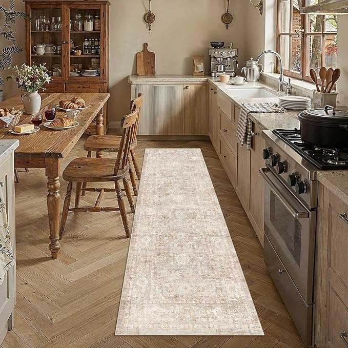 2x12 Beige Washable Runner Rug for Kitchen Hallway Neutral Soft Non Slip Rug Low Pile Vintage Distressed Carpet for Bathroom Bedroom Indoor Nursery