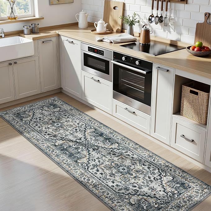 Joydeco Washable 2x6 Hallway Runner Vintage, White&Light Gray&Dark Gray | Water Resistant Low Pile Non Slip Backing for Kitchen Entryway Bedroom Bathroom Dining Room