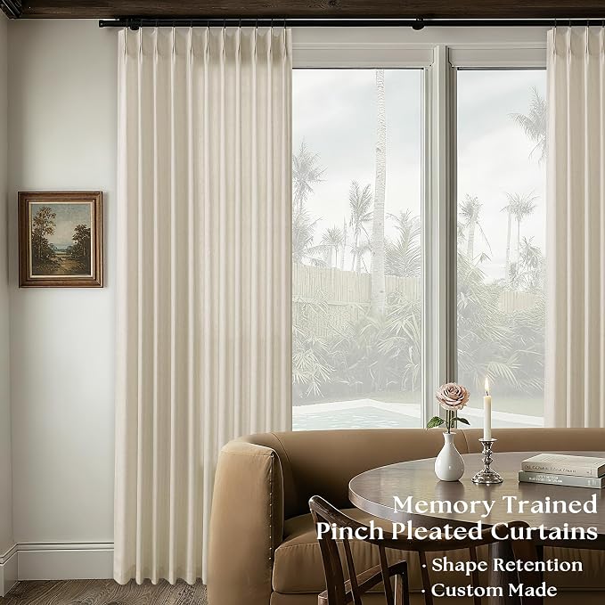 Greyish Beige Extra Wide Pinch Pleat Linen Curtains 84 Inches Long | 72 Inch Wide, Oatmeal, Boho, Pleated Drape, for Living Room Sliding Glass Door, 72x84, Large Window Curtain, Hooks Rings