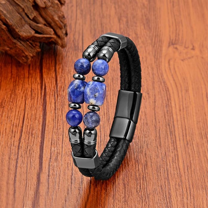 Mens Turquoise/Lapis Lazuli/Tiger Eye/Black Agate/Obsidian Leather Braided Bracelets for Father's Day/Birthdays/Graduation Jewelry Wristband Cuff Bracelet with Stainless Steel Clasp