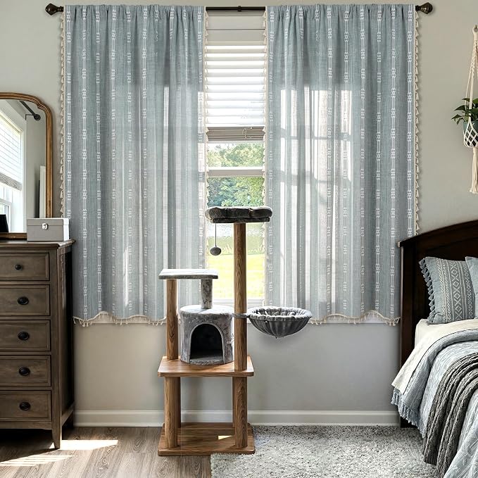 ColorBird Boho Curtains Dusty Blue Linen-Textured for Living Room Bedroom 63 Inch Length Light Filtering Farmhouse Curtains & Drapes Embroidered Striped Window Treatment for Dining Room Kitchen