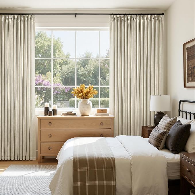 Extra Wide Pinch Pleat 100 x 90 Inch Linen Semi Sheer Curtains 1 Panel | Neutral Beige, for Living Room Patio Glass Sliding Door Dining Bedroom Large Window, Light Filter, Pinch Pleated W100xL90