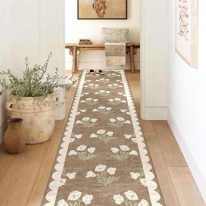 Non Slip Washable Hallway Runner Rug - 2x10 Long Tan Kitchen Runner Rug Soft Boho Runners for Hallways Cottage Floral Scalloped Area Rug for Bedroom Entryway Foyer Bathroom Double Vanity Decor