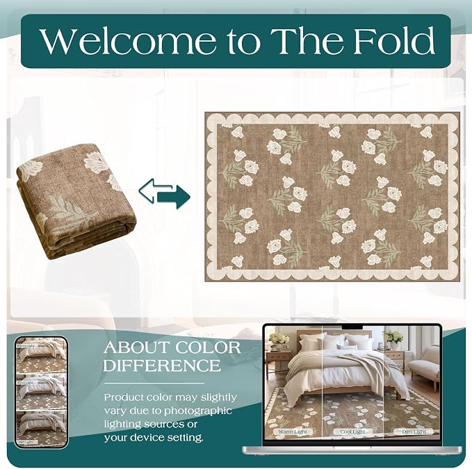 4x6 Floral Bedroom Rug - Tan Brown Washable Boho Entryway Rug Non Slip Vintage Neutral Farmhouse Scalloped Area Rugs for Living Room Bedroom Kitchen Nursery Home Office Mudroom Room Decor