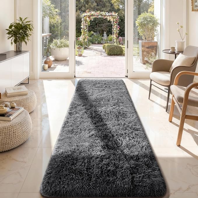 Ophanie 2x8 Runner Rug for Hallway, Upgrade Non-Slip Fluffy Soft Bedside Rugs, Bedroom Living Room Grey Shaggy Gray Carpet for Kids Dorm Home Decor with Over 99 pcs Pile fibers