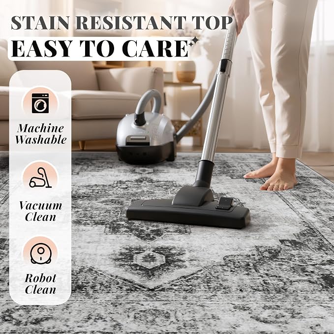 Area Rug 6x9 Vintage Rugs: Washable Indoor Medallion Rug Low Pile Distressed Floor Carpet Retro Accent Rugs for Living Room Bedroom Kitchen Dining Table Home Office(Black, 6'x9')