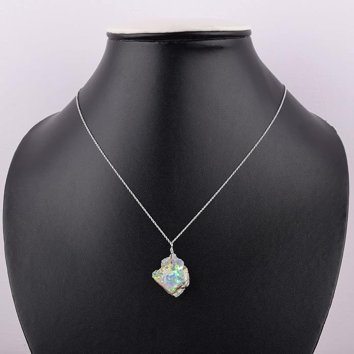 Ultra Fire Raw Ethiopian Opal Rough Dainty Pendant Necklace For Women, Healing Chakra Crystals, Handmade October Birthstone Jewelry, 925 Silver Chain 18 inch, Wedding Gift