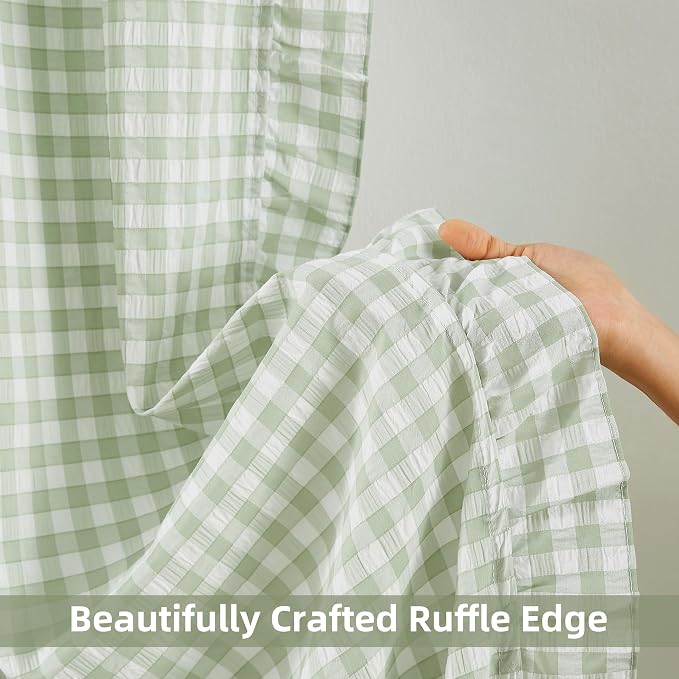 ZJDECOR 90 Inch Sage Green Buffalo Plaid Window Curtain Panels for Kidsroom | Farmhouse Not-See-Through Sheer Ruffle Drapes,Shabby Chic Window Treatment,Bedroom Living Room,Rod Pocket,40"Wx90"Lx2