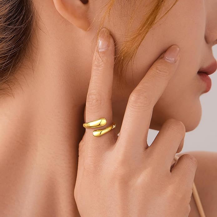 Non Tarnish Gold Chunky Rings for Women, 14K Gold Plated Statement Dome Rings Stacking Silver, Adjustable Mens Eternity Wedding Band Mixed Metal Jewelry Size 3-13