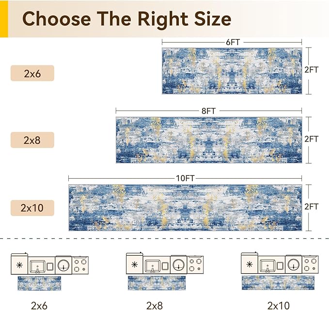 RELEANY Washable Area Rugs 2'x6' Non-Slip Modern Abstract Soft for Living Room Entryway Bedroom Kitchen, Print Pattern, Grey Blue Gold/Golden