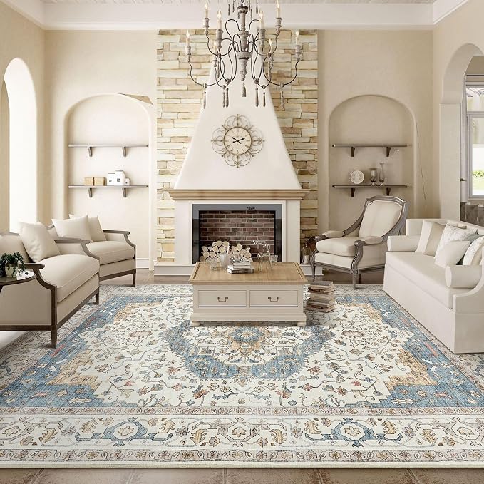 8x11 Area Rugs for Living Room - Large Carpet Ultra Thin Soft Washable Oriental Vintage Floral Distressed Rug Big Indoor Carpets for Bedroom Nursery Dorm Home Decor Aesthetic - Blue/Beige