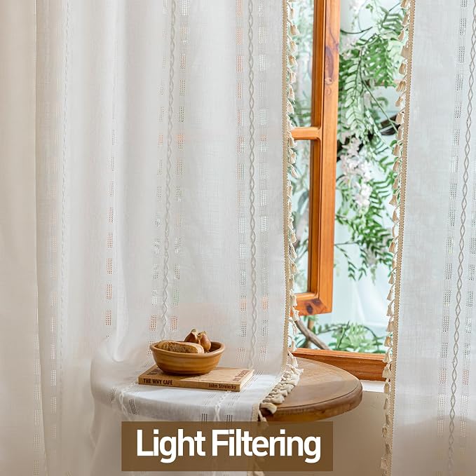 Ivory White Boho Curtains 84 Inch Length 2 Panels Set for Living Room Bedroom,Farmhouse Bohemian Tassels Semi Sheer Light Filtering Window Curtains Shabby Chic Embroidery Draps Back Tab, 50" W