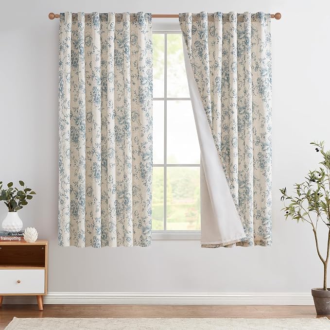 jinchan Blue Floral Linen Curtains Lined 63 Inch Vintage Back Tab 2 Panels | Privacy lining, light filtering drapes, vintage, cottagecore, french country, rustic, bedroom, living room, window treatment