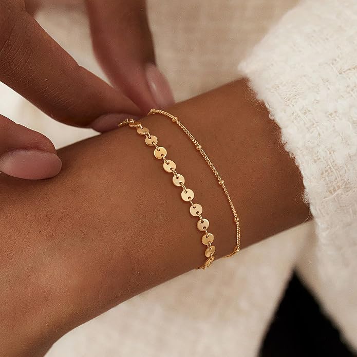 Dremmy Studios Gold Bracelet for Women 18K Gold Plated Dainty Paperclip Cubic Zirconia Disc Coin Star Cable Satellite Bead Pearl Simple Boho Minimalist Stacking Layered Link Jewelry Gift