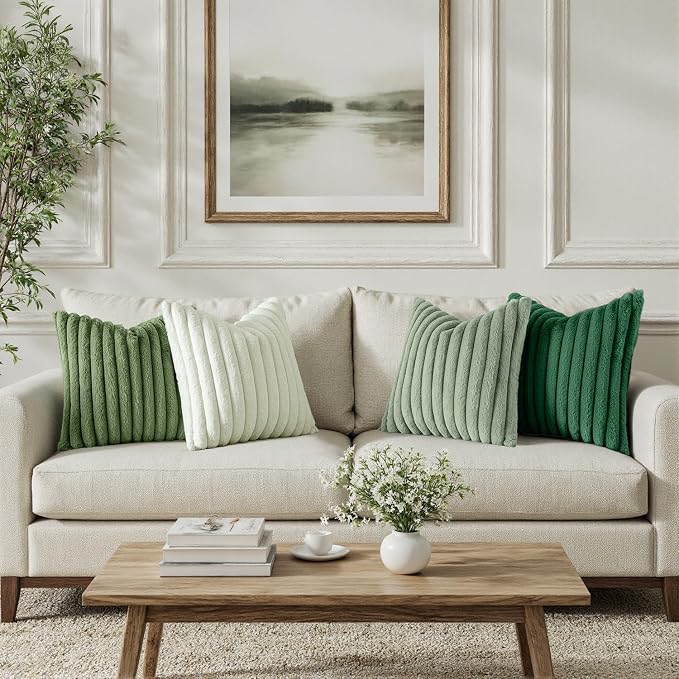 MIULEE Faux Fur Plush Decorative Throw Pillow Covers 20x20 Set of 4, Spring Modern Soft Fuzzy Striped Cushion Covers for Sofa Couch Bed Living Room Cozy Home Decor,Green