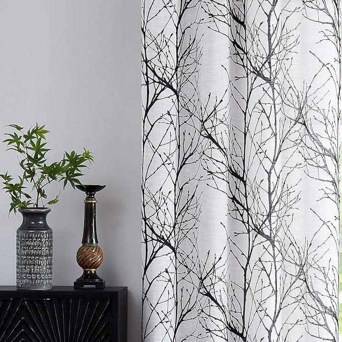FMFUNCTEX Linen Black White Semi Sheer Patio Curtains 96 Inch Long 1 Panel | Extra Wide Sheer Patterned Patio Door Drapes, Tree Branch Print, Grommet Top for Sliding Doors and Airy Farmhouse Privacy