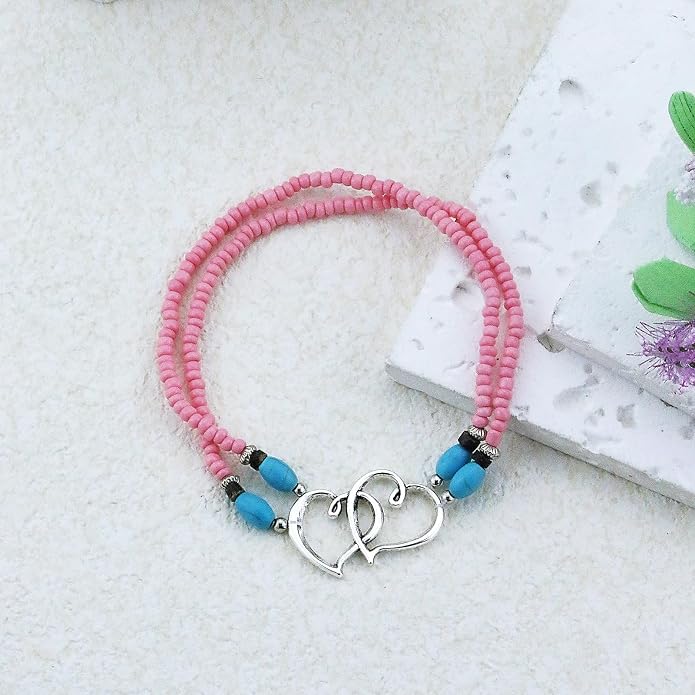 Elastic Beaded Ankle Bracelets for Women Double Heart Layered Stretch Ankle Bracelets Waterproof Dainty Boho Beaded Anklets for Summer Beach Foot Jewelry