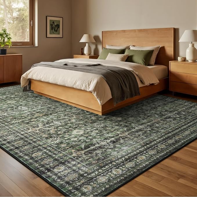 Lofus 10X 12 Area Rug for Living Room,Green Washable Area Rugs with Non-Slip Backing,Soft Boho Carpets for Bedroom Dining Room Home Office Indoor Nursery