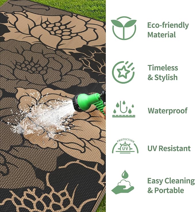 GENIMO Outdoor Rug, Waterproof Plastic Rugs for Patio, 9'x12' Raven Brown | Outside Larger Leaf Carpet Mat for Porch Decor, Deck, Balcony, Camping, RV, Backyard, Picnic, Beach, Reversible, Foldable