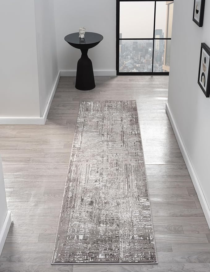 Amy Modern Abstract Runner Rug for Kitchen, 2x7 Contemporary Textured Geometric Gray Runner, High-Low Pile Stain Resistant Carpet for Bedroom, Hallway or Entryway (2' x 7', Gray)