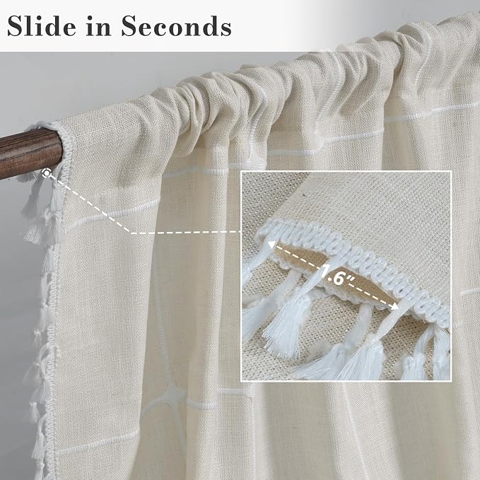 ColorBird Beige Plaid Curtains, White Embroidered Gingham 63 Inch Boho Farmhouse Curtains & Drapes for Living Room, Linen Texture Light Filtering Window Treatment for Dining Bedroom