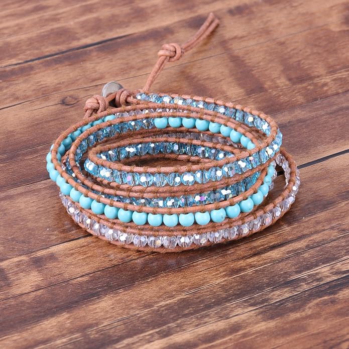 KELITCH Pearl Crystal Beads Bracelets Handmade Natural Leather 5 Wrap Bracelet for Women Classic Bangle Jewelry