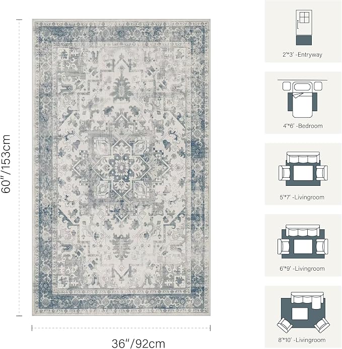 Rugxara 3x5 Washable Entryway Rug, Non Slip Boho Runner Rugs for Hallway, Entrance, Kitchen, Bathroom, Laundry Room, Soft Entryway Carpet, Throw Low Pile Retro Imitation Wool Carpet, Light Blue Grey