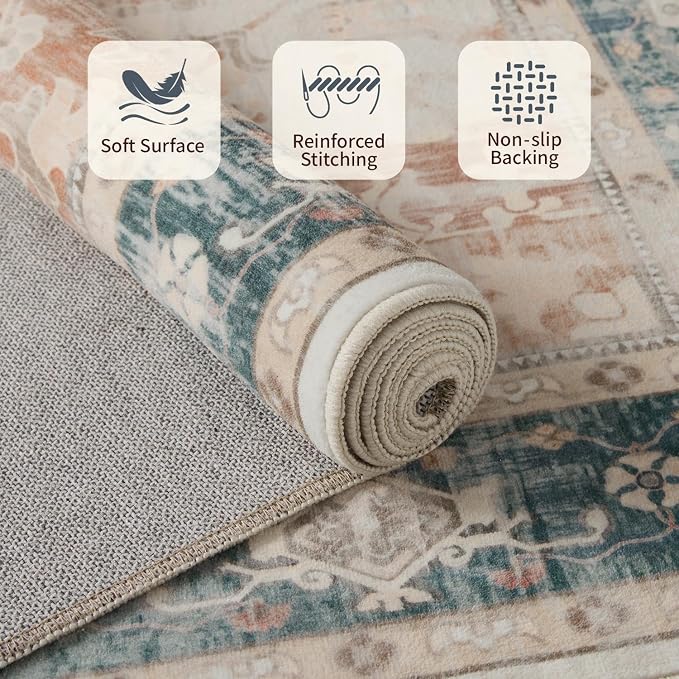 Rugxara 4X6 Rug,Washable Area Rugs for Living Room, Orange Boho Rug,Neutral Vintage for Bedroom, Dining Room, Kids Room, Farmhouse, Low Pile Non Slip Carpet for High Traffic Areas, Coral(Orange&Blue)
