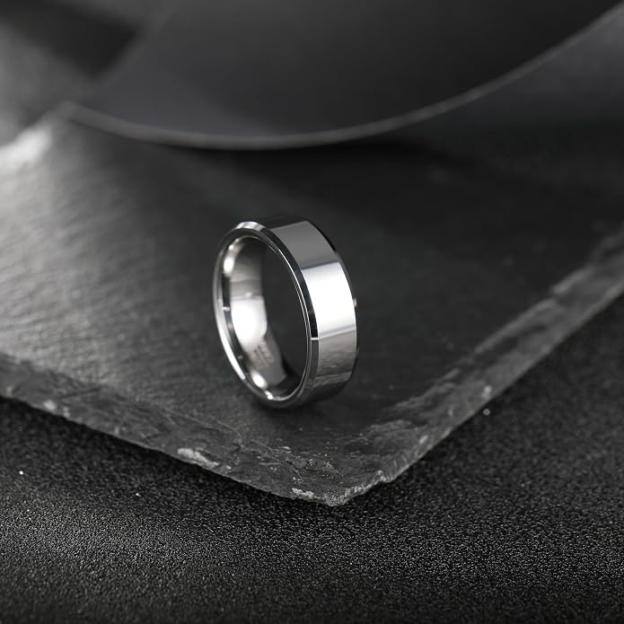 Vakki Tungsten Ring for Men 4mm 6mm 8mm Silver Plain Engagement Wedding Band High Polish Finish and Beveled Edges Comfort Fit Size 5-12