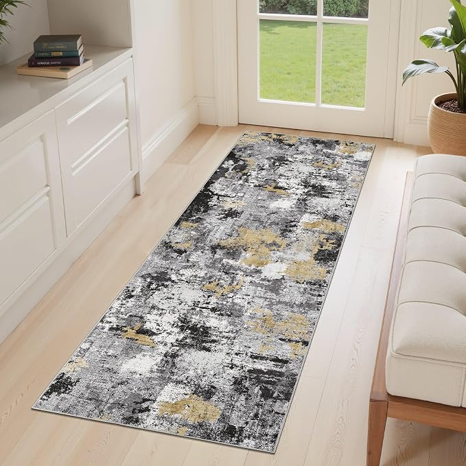 Abstract 2x8 Runner Rug: Machine Washable Non Slip Ultra Thin Low-Pile Carpet, Soft Stain Resistant for Hallway Kitchen Bathroom, Kid Pet Friendly, Robot Vacuum Compatible - Black Gold