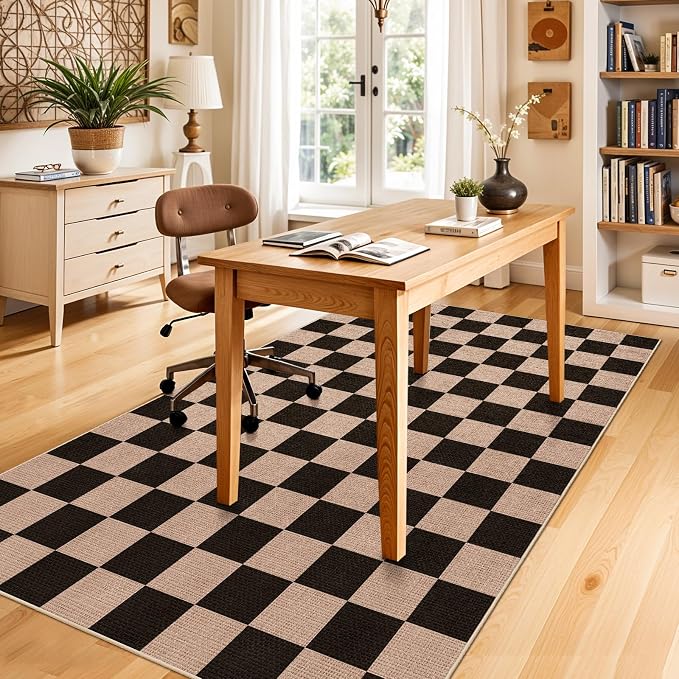 4x6 Jute Area Rug Washable: Non-Slip Indoor Floor Mat for Entryway Kitchen | Plaid Rugs for Living Room Dining Room Bedroom - Thin Low Pile Braided Woven Carpet Durable Farmhouse Style Decor (Black,4x6)