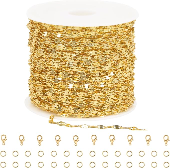 GTVOODX 33 Feet 18K Gold PVD Plated Stainless Steel Lip Chains for Jewelry Making 2mm Dapped Sequin Chain Spool Bulk for DIY Necklace and Bracelet Accessories