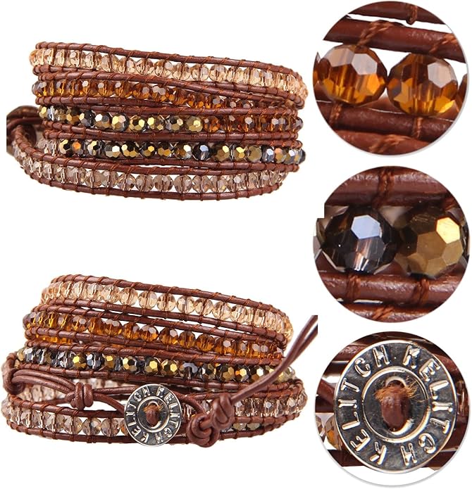 KELITCH Pearl Crystal Beads Bracelets Handmade Natural Leather 5 Wrap Bracelet for Women Classic Bangle Jewelry