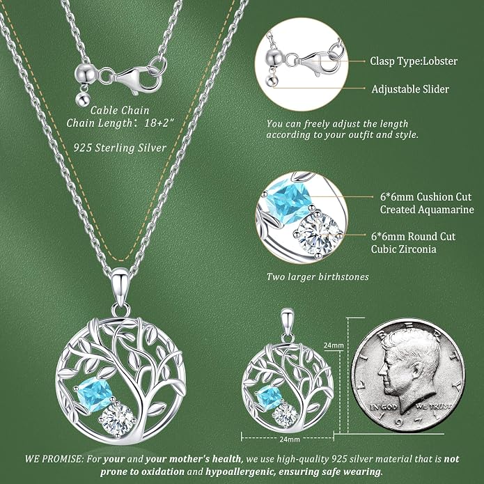 Tree of Life Birthstone Necklace for Women 925 Sterling Silver Birthstone Pendant 12 Months Necklaces with Zircon Birthday Gifts for Women, Mom, Grandma Cable Chain 18"+2"