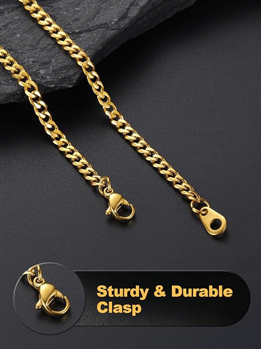 U7 Cuban Link Chain Necklace, Stainless Steel/Black/Gold Plated Chunky Curb Chain Necklace for Men Women, 14-30 Inches, 3/6/9/12 mm Width
