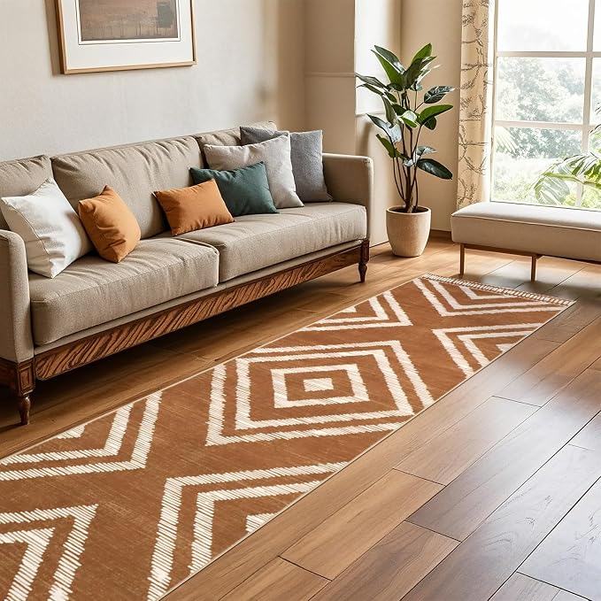 2x10Ft Boho Runner Rugs for Hallway Non Slip, Brown Washable Kitchen Rug Runners, Soft Moroccan Farmhouse Entryway Runner, Low Pile Geometric Floor Carpet for Bedroom Home Decor